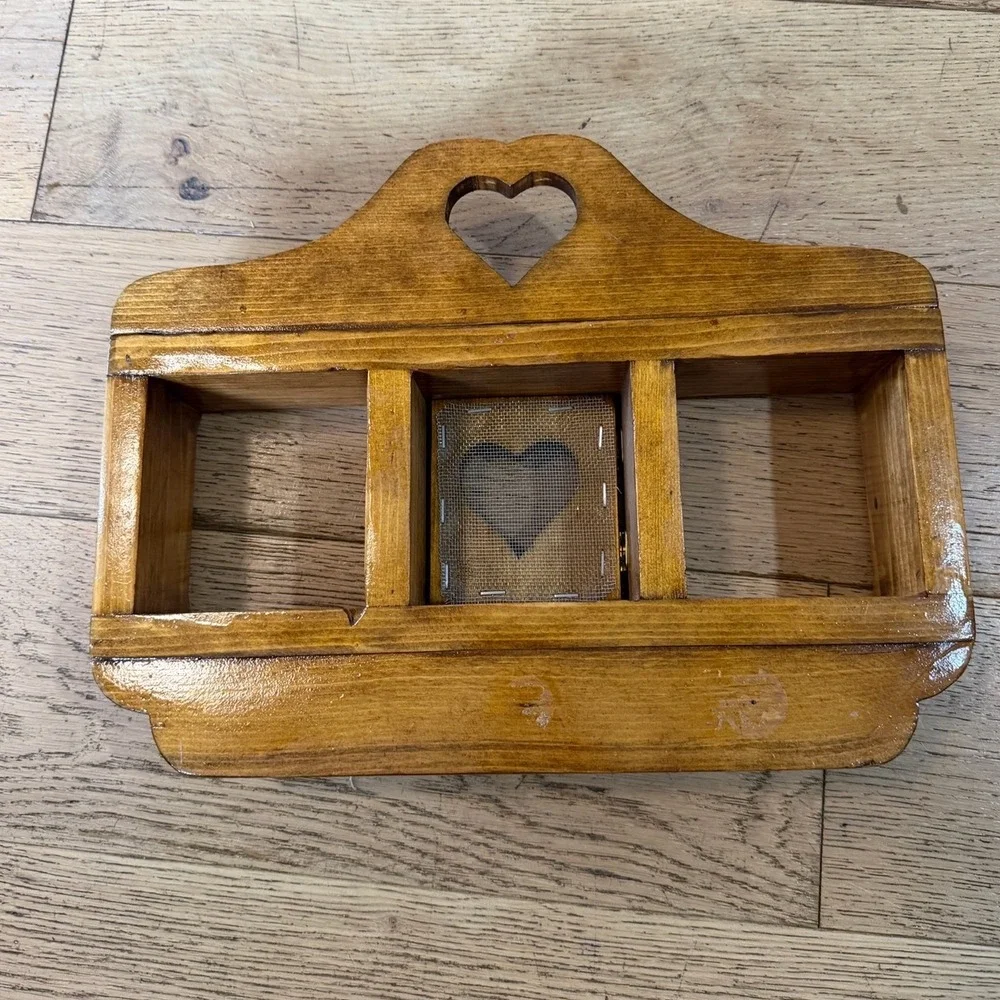 Handmade Solid Wood Wall Trinket Organizer Small Brown Heart Cutout Rustic Pegs